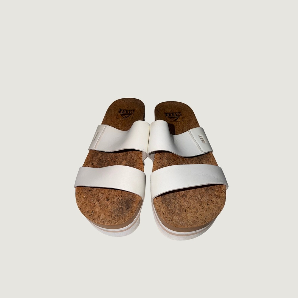 Reef Vista Hi White Double Strap Platform Sandals Cork Footbed Womens